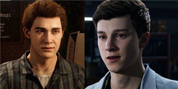 Solda John Bubniak y&uuml;z modellemesi ile Peter Parker, sağda ise aynı seslendirmeyle Marvel's Spider-Man Remastered'da yenilenmiş olan, Ben Jordan'ın y&uuml;z modellemesi ile Peter Parker bulunuyor.
