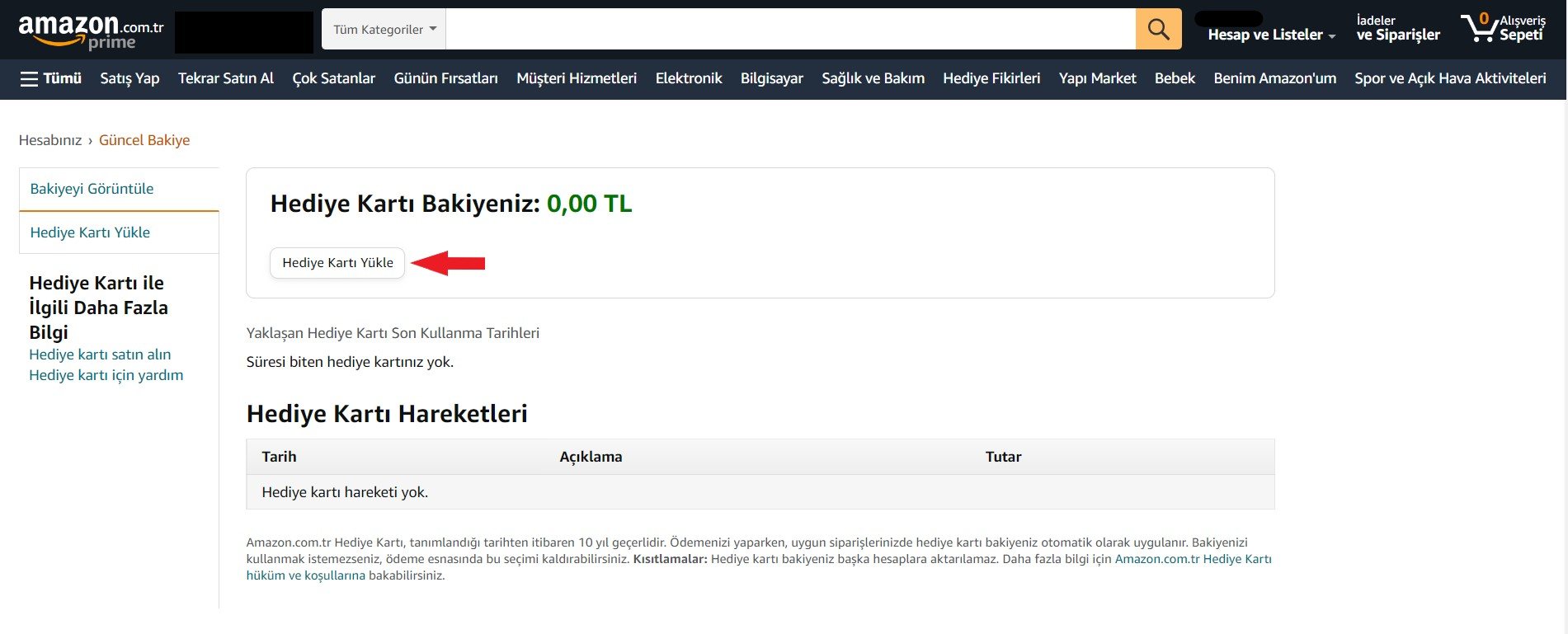 Amazon gift card ekleme